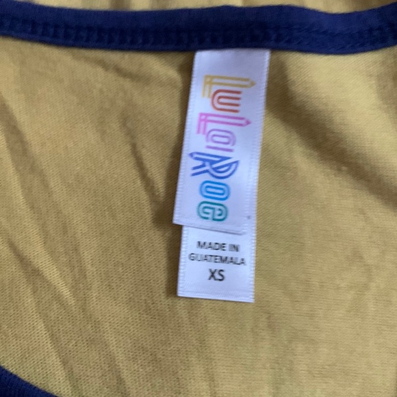 Lularoe Yellowish top with blue trail on neck and sleeves ends size xs - Picture 3 of 4
